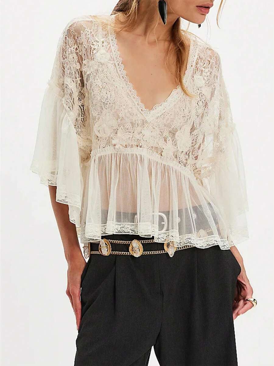 Women Lace See Through Blouse Boho Sheer Long Bell Sleeve Ruffle Poncho Tops Mesh Flowy Frilly Hem Shawl Shirt Summer Going Out Tops Casual Vacation , Suitable For Beach Vacation Everyday Casual Wear - trắng - Xem 1