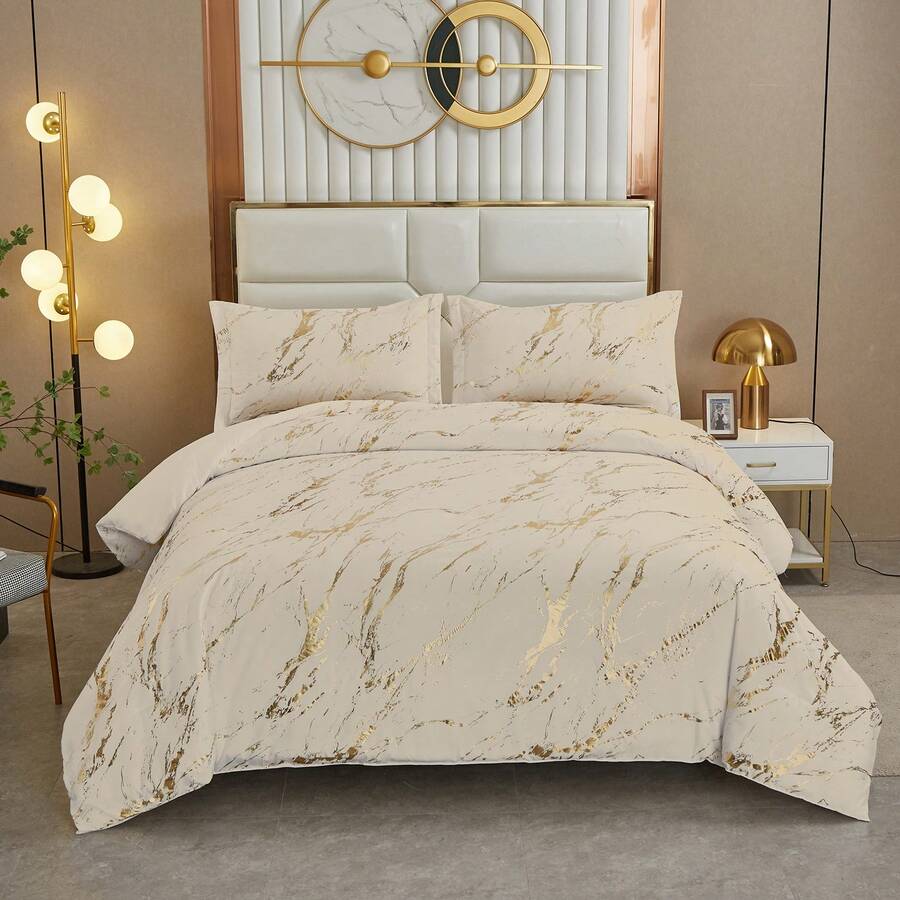 3Pcs Beige Marble Lightweight Comforter Sets -AU Double Queen King Bedding Set With Two Pillowcases,Soft & Comfortable With Polyester Filling, Machine Washable, Suitable For Wedding Items,Valentines Day Home Bed Room Decor,Mothers Day Gift,All Season - Beige - View 1