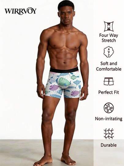 2 Packs Cartoon Fish Print Boxer Briefs, Casual Comfy Underwear For Daily Wear,Anniversary Gift, Valentine Gift, Birthday Gift, Wedding Gift, Best Friend Gift, Gift For Boyfriend, Gift For Husband, Gift For Him