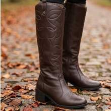 Dara Women's Country Boot, Long Shaft, Zipper, Embroidered, Heel, Everyday Use - Cà phê nâu - Xem 3