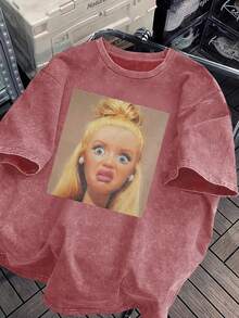 Plus Size Women Casual Surprised Doll Graphic Round Neck Short Sleeve T-Shirt, Suitable For Spring, Summer, Autumn, Vacation Wear - Hot Pink - View 5