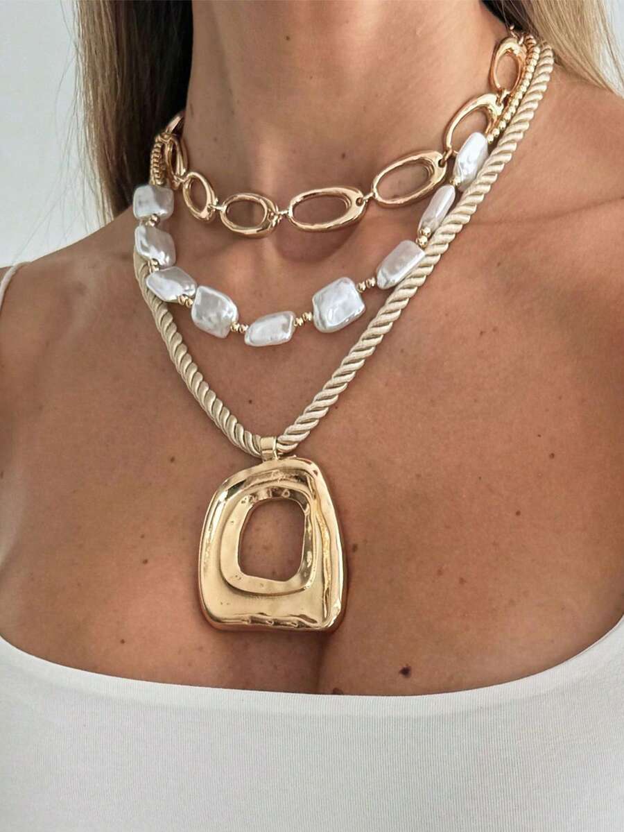 Bộ 3 mặt dây chuyền hình vuông rỗng, dây chuyền ngọc trai CCB bất đối xứng, kiểu dáng cổ điển dành cho nữ, phù hợp đeo hàng ngày và dự tiệc, chiều dài dây có thể tùy chỉnh. - Nhiều màu - Xem 1