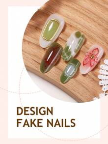 10 piezas de uñas postizas en forma de almendra media con relieve de flores 3D, decoradas con un patrón ondulado con borde dorado y cristales, estilo minimalista de moda Y2K con acabado brillante y cobertura total, adecuadas para la primavera - Multicolor - Ver 4
