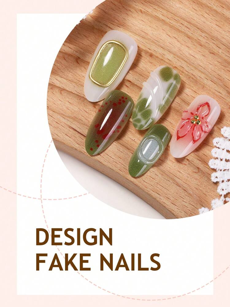 10pcs 3D Flower Embossed Medium Almond Shaped Nails, Gold Rimmed Wavy Pattern Rhinestone Decor, Minimalist Y2K Fashion Style Glossy Full Coverage False Nails For Women & Girls, Suitable For Spring - Multicolor - View 3