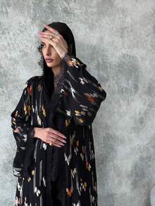Hafizah Women's Bohemian Style Lace Trim Open Front Long Robe, Elegant Cardigan Black Vacation - Black - View 4