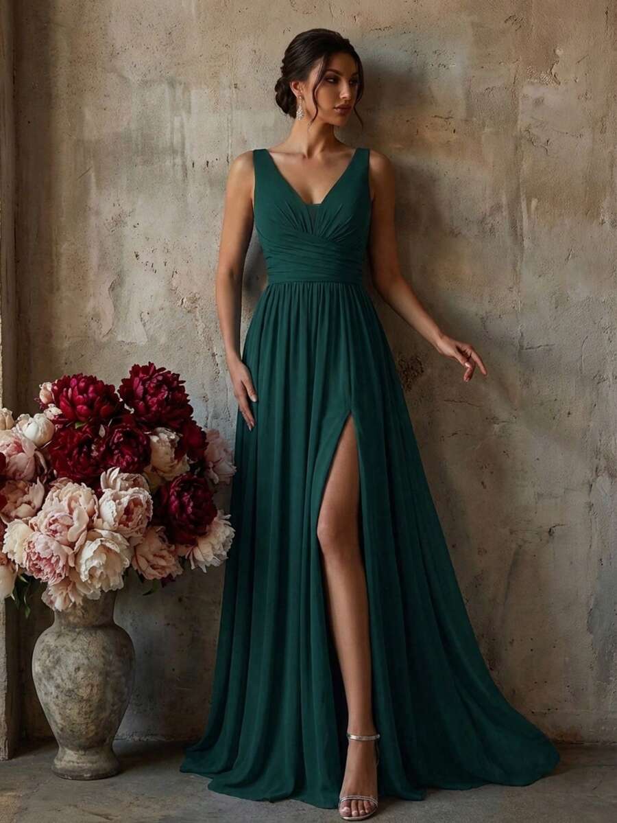 Women's Backless Deep V-Neck Sleeveless Long Bridesmaid Dress, High Slit Design, Perfect For Weddings - Dark Green - View 1