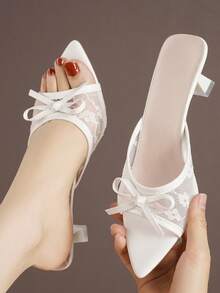 1 Pair White Cute Bow Accent 2026 New Slim High Heel Women's Fashion Sandals, Versatile For Outdoor Wear,Summer Shoes - White - View 4