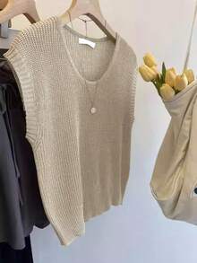 Áo dệt kim không tay cổ tròn cổ điển dành cho nữ, áo tank top dệt kim gân dài vừa phải mùa hè, thoải mái để mặc hàng ngày. - Màu be - Xem 2