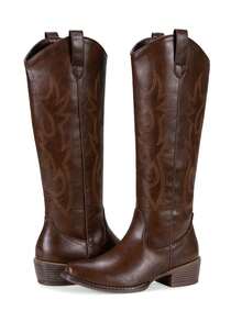 Comfyshoes Women's Embroided Cowboy Boots, Square Toe Knee High Western Boots - 威士忌酒 - 查看 6