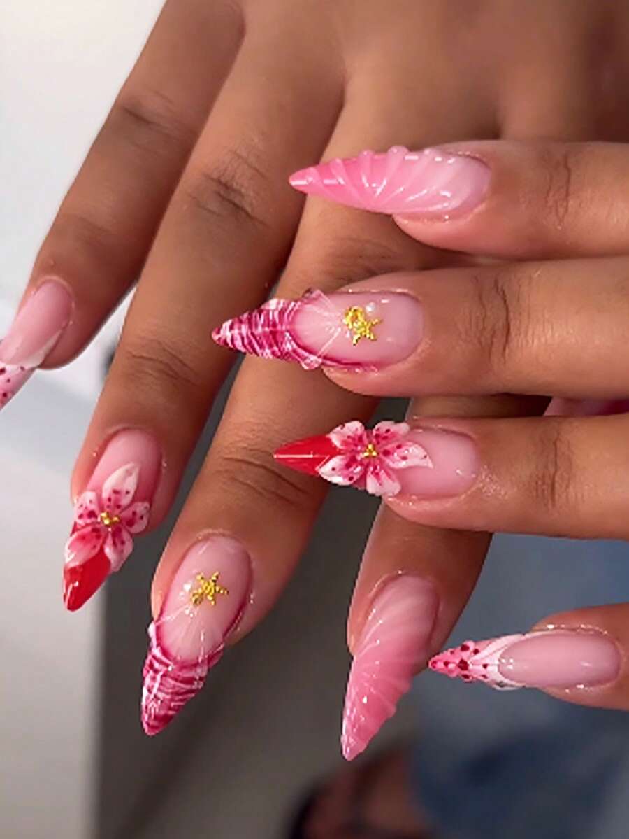 10片法式玫瑰红杏仁形亚克力假指甲,DIY 3D贝壳美甲套装,含星星、金白珠子,适合女孩和女士日常佩戴或节日派对装饰礼品 - 彩色 - 查看 1