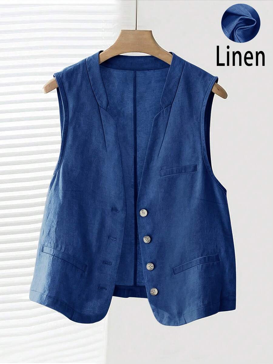 Jaket Rompi Pendek Linen Kasual Musim Semi/Panas Wanita - Royal Blue - View 1