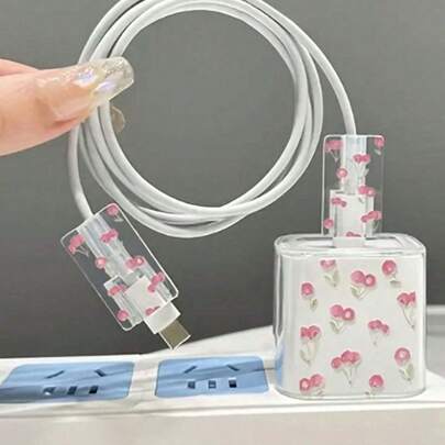 Bộ 3 ốp bảo vệ sạc 18W/20W thiết kế hoa anh đào màu hồng, bảo vệ dây cáp, chất liệu TPU mềm mại, tương thích với Apple.