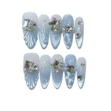 Ocean Heart Long Almond Blue Fish Tail Rhinestone Fake Nails 10PCS Elegant Design For Women - Baby Blue - View 10