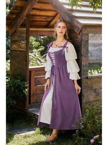 Women's Renaissance Costume Medieval Lace Up Corset Dress Puff Sleeve Peasant Dress - Purple - View 3