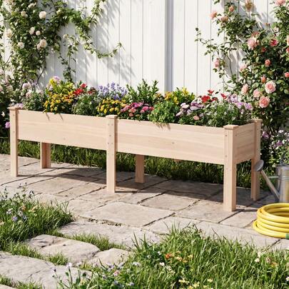  COSTWAY 240 X 44 CM Fir Wood Raised Garden Bed With Legs, Elevated Planter Box With Drainage Holes For Vegetables Flowers Herbs, Outdoor Rectangular Gardening Box For Patio, Balcony & Backyard, Natural