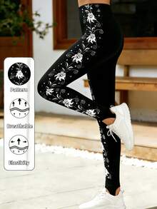 1 chiếc quần legging nữ dài đến mắt cá chân, in họa tiết hoa hồng bên hông, kiểu dáng thanh lịch và thời trang. - màu đen - Xem 4