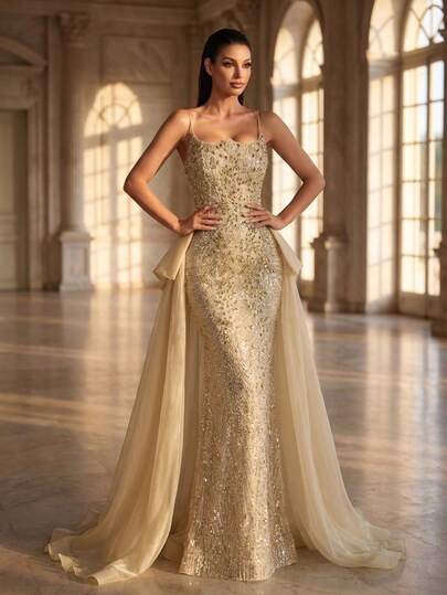 1 chiếc đầm dạ hội dài màu sâm panh, thêu ngọc trai, dây mảnh, thắt eo, bồng bềnh, chất liệu satin sang trọng kiểu cung đình, thích hợp cho đám cưới.