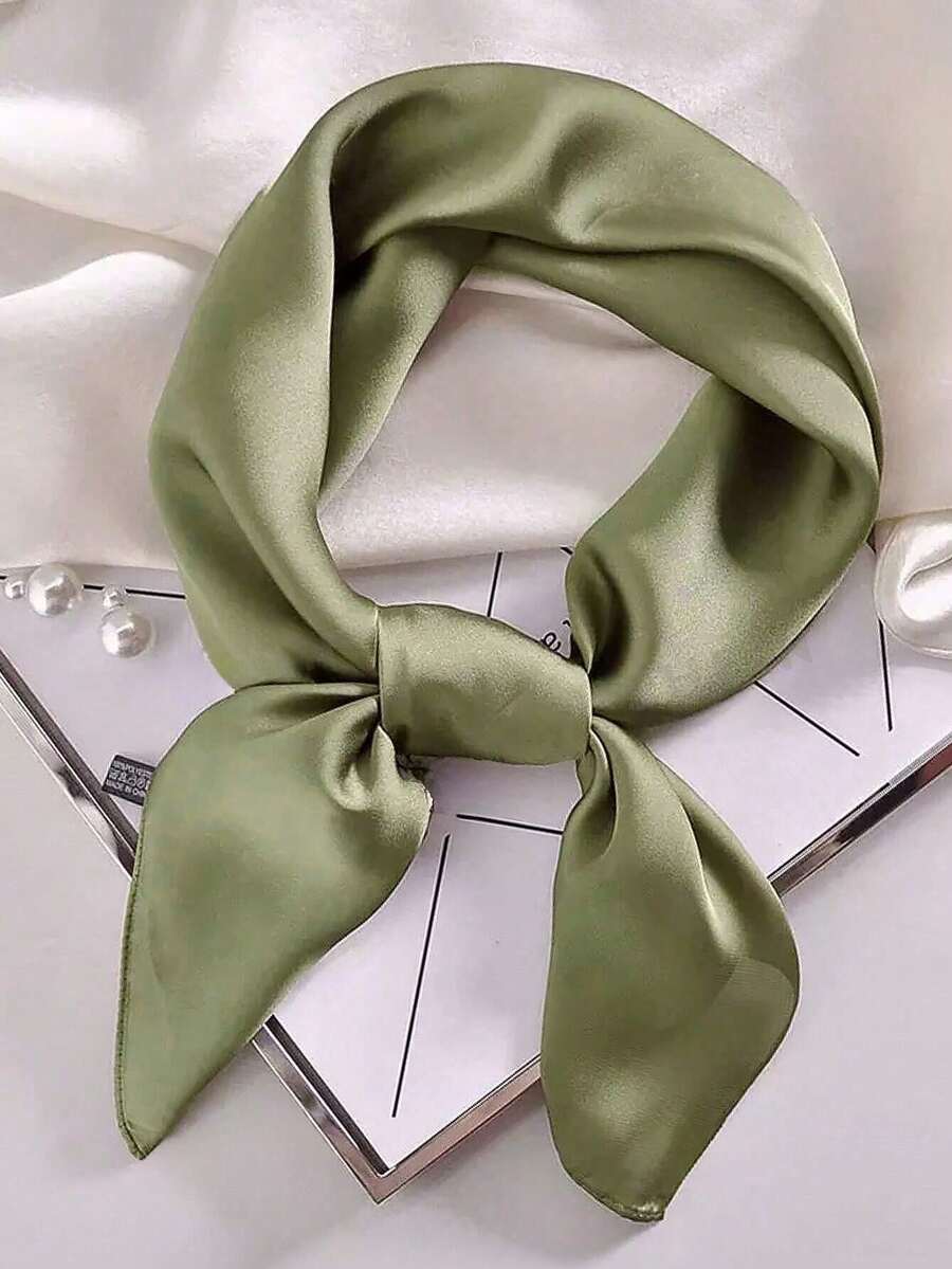 1 pieza Pañuelo de mujer de unicolor, bufanda lisa de moda, diadema versátil, cinturón, correa para bolso, pañuelo de cuello multifuncional, playa, vacaciones - Verde Oliva - Ver 1