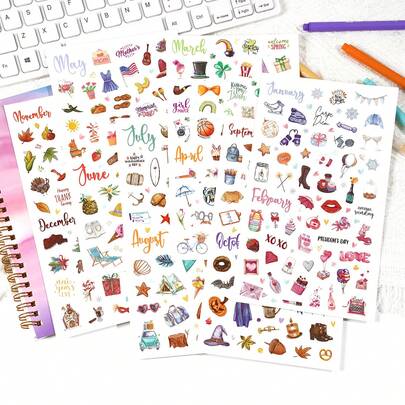 316张/6张，12个月节日主题计划贴纸，成人庆祝装饰日历贴纸，适用于节日、圣诞节、万圣节、情人节、母亲节、感恩节、日常任务、季节性、喜庆、效率提升和装饰贴纸 - 非常适合用于日历、日记和剪贴簿