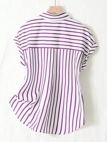 Summer Fashion Striped Single-Breasted Drop Shoulder Short Sleeve Shirt, Polyester Contrast Color Front Button Closure, Short Front Long Back Design - White Background With Purple Stripes - View 3