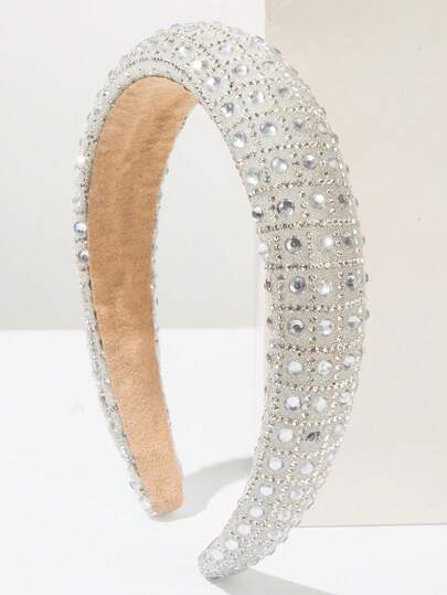1 pieza Diadema de mujer de estilo coreano con corona alta de esponja de unicolor, con incrustaciones de gemas brillantes en forma de cuadrícula, accesorio de pelo minimalista y elegante apto para uso diario