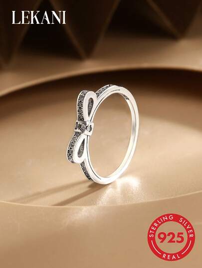 1 pieza Anillo de plata esterlina S925 con lazo y circonita cúbica chapada en oro, joyería de moda minimalista como regalo para mujeres, madres, novias, amigas, uso versátil diario