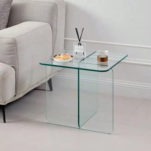 Tempered Clear Bent Glass SideTable, Transparent End Table, Sofa Table - White - View 1