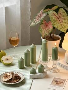 1pc Dopamine-Inspired Light Green Striped Cone Candle Pillar (Diameter 5cm/1.97in), Suitable For Meditation, Lighting, Ambiance Creation, Home Decor, Room Decor, Party, Holiday, Tabletop Display, Wedding, Birthday Gift, And Women's Gift - Pea Green Pointed Top - View 10