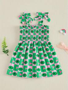 Vestido de golf para niña pequeña con lazos, sin mangas, fruncido, línea A, vestido de princesa de verano - Verde - Ver 1