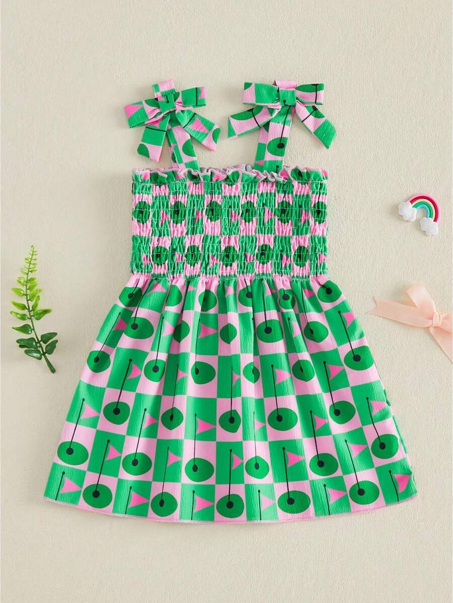 Vestido de golf para niña pequeña con lazos, sin mangas, fruncido, línea A, vestido de princesa de verano - Verde - Ver 1
