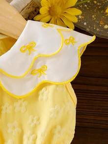 女婴甜美清新纽扣前襟蕾丝蝴蝶结刺绣双领无袖提花公主裙 - 黃色 - 查看 4