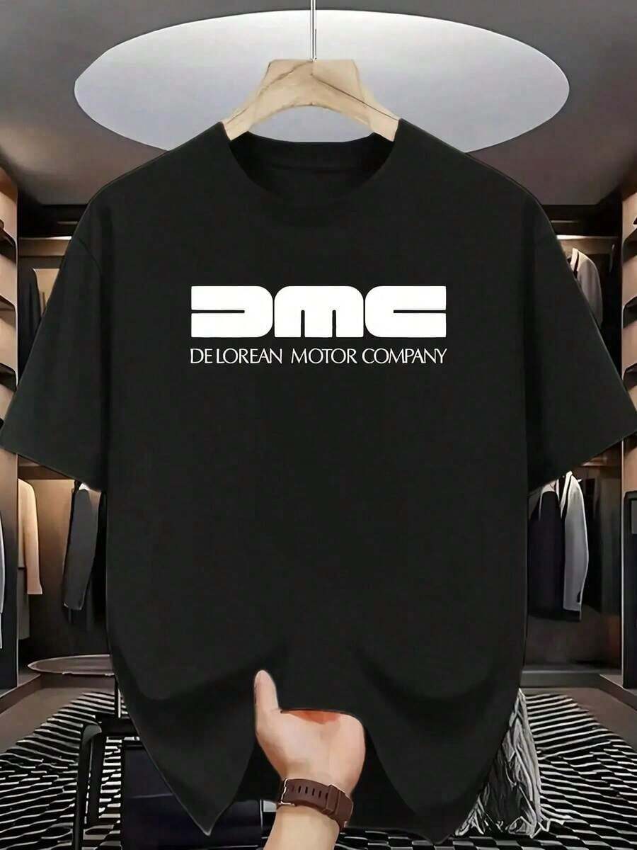 Retro White Short-Sleeved T-Shirt With All-Over DMC DeLorean Print, Crew Neck, Cotton, Classic Fit, Machine Washable, For Car Enthusiasts And Fashionistas, Summer Wear, King's Day - Black - View 1