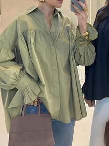 Women's Casual Shirt With Button Decorative Bell Sleeves, Solid Color Polyester Blouse Spring - 紅色 - 查看 11