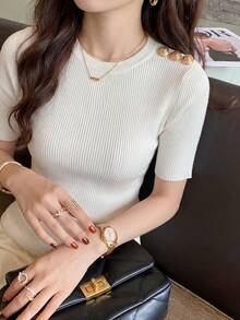 Elegant Women's Metal Buckle Shoulder Short Sleeve Knit Top, Summer Fitted Design Top White - White - View 2
