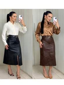 Resin-Coated Midi Skirt (Leather Effect) – Elegance And Power In One Look! The Perfect Piece For Those Who Love A Modern, Sophisticated, And Bold Style! - Negro - Ver 4