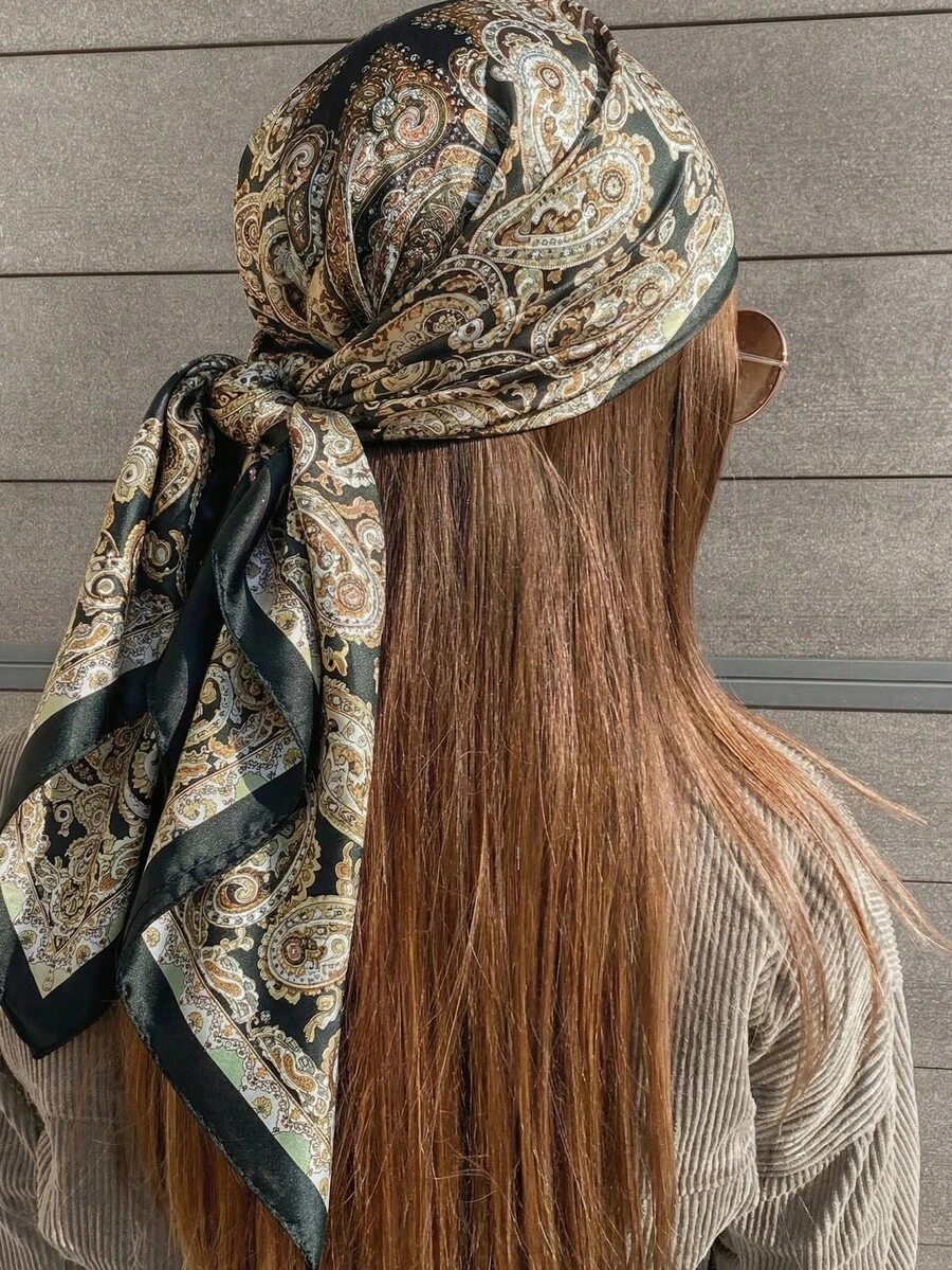 1pc Women's 2026 Spring/Summer Fashion Paisley Print 90cm Square Scarf, Versatile Bandana For Daily Wear & Sun Protection - Black - View 1