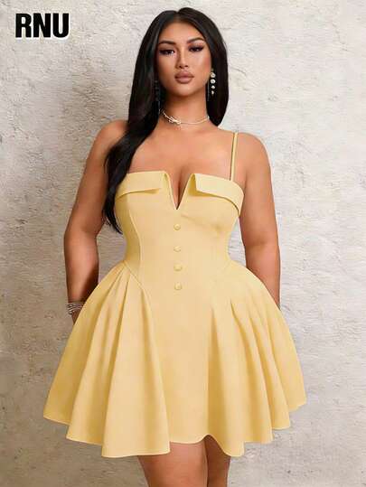 RNU Vestido de punto de unicolor elegante y de gran tamaño, diseño de fruncido en la cintura, falda en línea A, decoración con botones, escote en V, adecuado para vacaciones de mujer, vestido de verano, atuendo de primavera, Día de San Valentín, vacaciones en la playa, cita nocturna, uso diario, favorecedor, versátil de moda, fiesta, cita romántica, disfraz de carnaval 2026