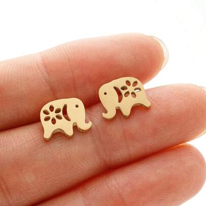 1对不锈钢动物造型大象耳钉，女士卡通大象耳环，时尚首饰礼品