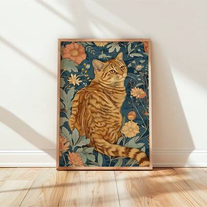 1幅无框姜黄色猫咪印花，配以威廉·莫里斯花卉背景 - 波西米亚风猫咪海报，送给爱猫人士的礼物，卧室、宿舍、公寓、家庭办公室、教室等场所的趣味墙面装饰画，卧室装饰，墙面装饰画，海报，复古装饰，派对装饰，最佳礼品之选