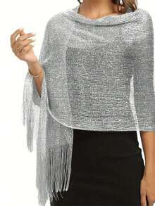 Silver Sparkling Metallic Shawl Without Round Buckle Elegant Thin Breathable Tassel Scarf Women's Party Banquet Dress Outside Shawl - 銀色 - 查看 2