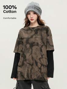 JUTU Spring & Autumn Full-Print Patchwork Long Sleeve T-Shirt, New Year Style, Youthful & Long Sleeve Top For Women Casual - 409 Coffee Fight Black - View 1