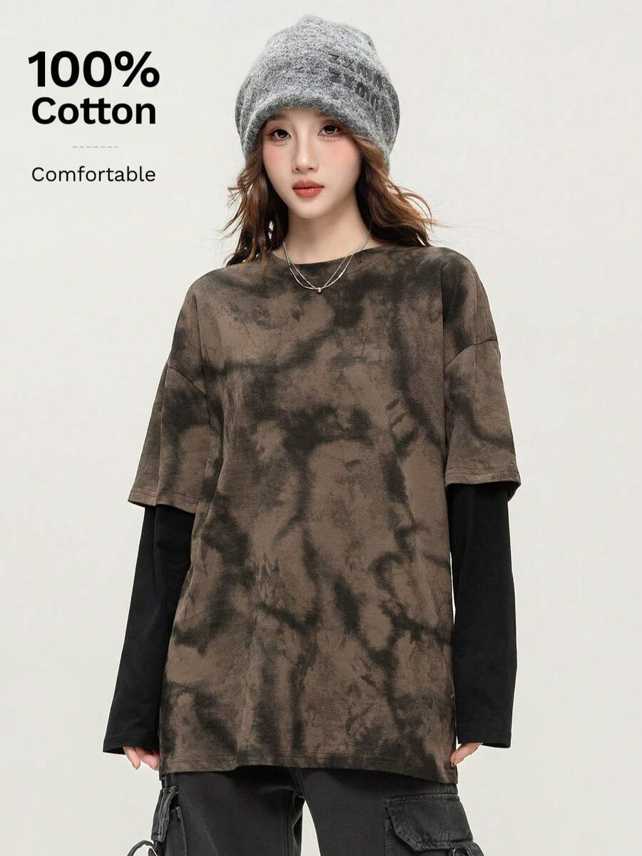 JUTU Spring & Autumn Full-Print Patchwork Long Sleeve T-Shirt, New Year Style, Youthful & Long Sleeve Top For Women Casual - 409 Coffee Fight Black - View 1