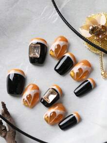 10片装黑色法式橘子水果美甲贴片，手工制作，适合日常佩戴，短款，适合办公室佩戴。套装包含1张粘性贴片和1个迷你指甲锉。 - 彩色 - 查看 2