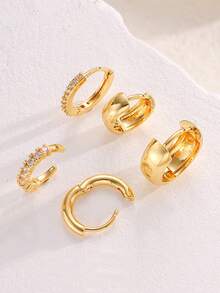 5pcs/Set Women's Gold Hoop Earrings Set, Copper With Zirconia Stone, Hypoallergenic, Petite Sleek Design, Lightweight & Thick, Fashion Versatile, Suitable For Multiple Piercings, Great For Beach, Date, Party, Holiday, Birthday Gift, Daily Wear - Yellow Gold - View 3