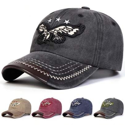 Mũ lưỡi trai denim bạc màu thêu hình đại bàng và ngôi sao dành cho nam, kiểu dáng đường phố thường ngày, thích hợp cho hoạt động ngoài trời, du lịch, đi biển mùa xuân/thu.