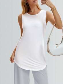 Women's Spring/Summer Basic Loose Fit Round Neck Side Slit Long Sleeve Top - White - View 6