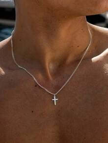 1PC Men's Minimalist Silver Color Cross Pendant Necklace, Casual Everyday Necklace, Birthday Gift - Necklace - View 5