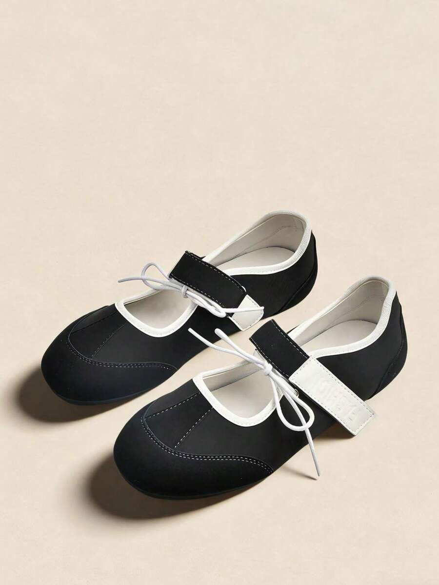 Soft Bottom Mary Jane Shoes, Spring/Summer New Patchwork Design, Comfortable Commuting Slip-On, Breathable Hook And Loop Casual Shoes, Versatile Flat White Sneakers - Black - View 1