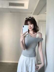 女士夏季新款时尚露肩T恤，波点细肩带，显瘦 - 灰色 - 查看 2