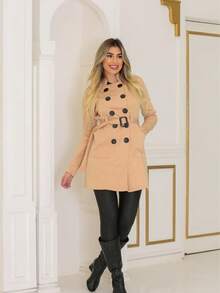 Women's Medium Overcoat With Pockets And Buttons, Elegant Wool, Winter - 米色 - 查看 1